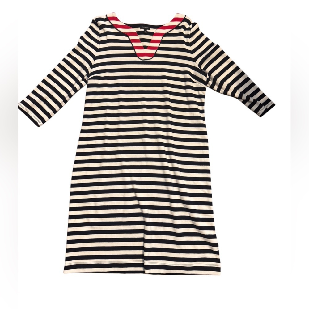 Talbots Striped Navy and White Dress with Red, Size Large, Cotton Dress